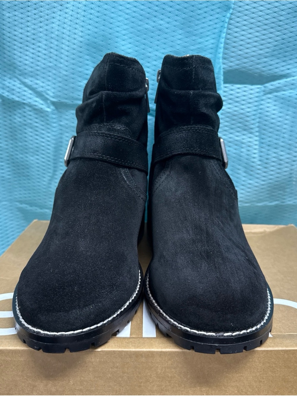 Earth Black Suede Ankle Boots with Buckle Strap